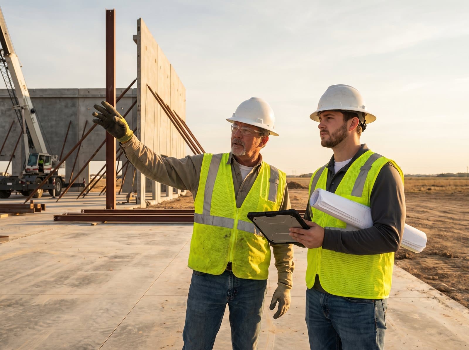 A superintendent on a concrete slab gesturing out at erected tilt-wall panels while a project manager beside him follows his line of sight, drawings under one arm and a tablet in his hand