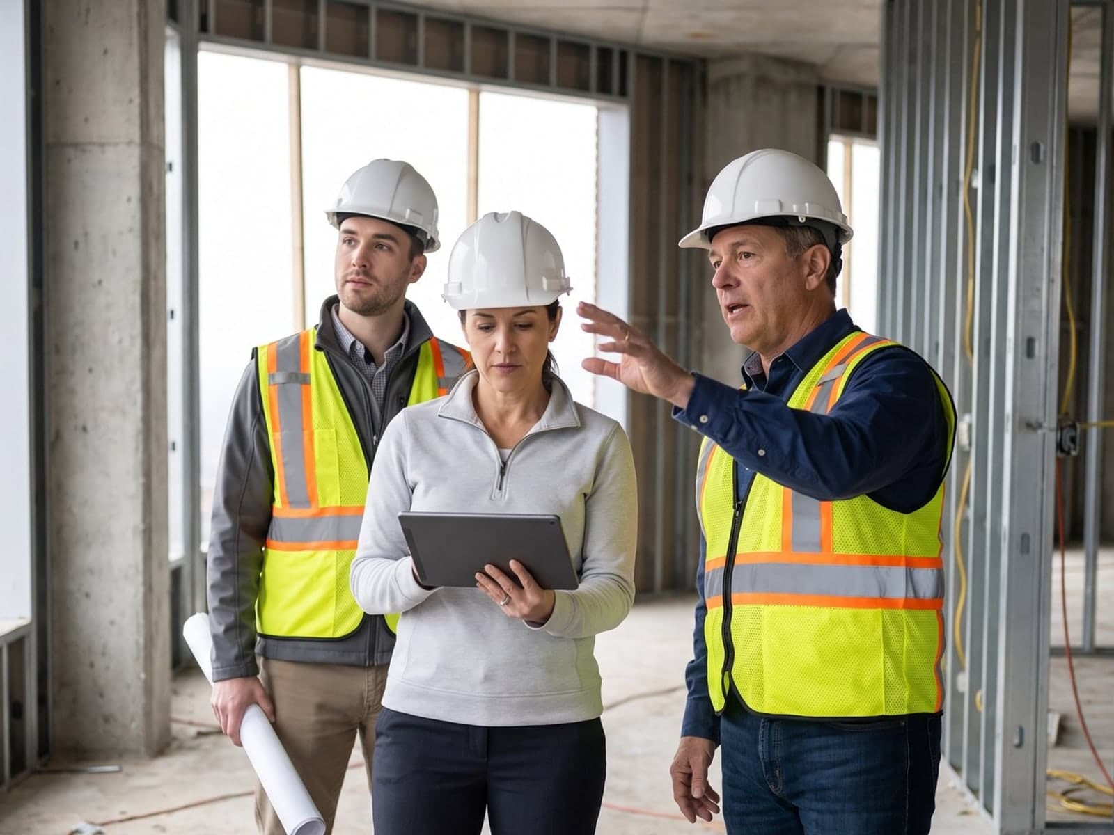 A client team stopped mid-review on an open floor plate: a woman in a quarter-zip holding a tablet, flanked by two men in open hi-vis vests over collared shirts, one gesturing out into the space