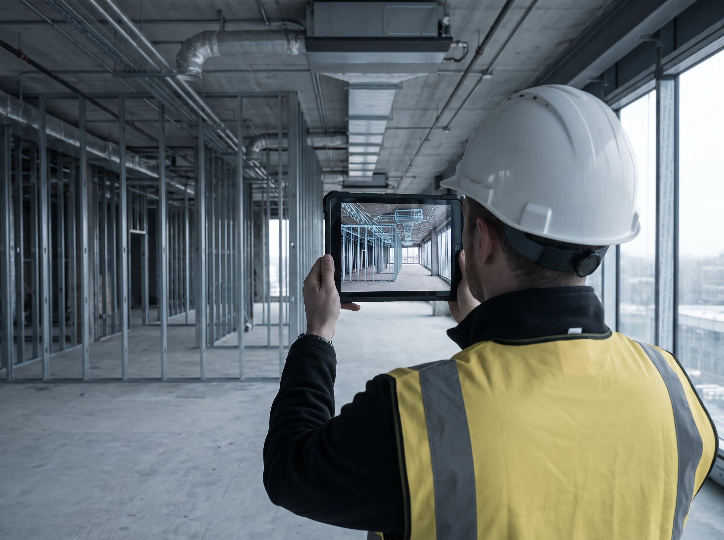 An engineer on an unfinished floor plate holding a tablet up to the space, a wireframe model on the screen aligned with the framing and services in front of them