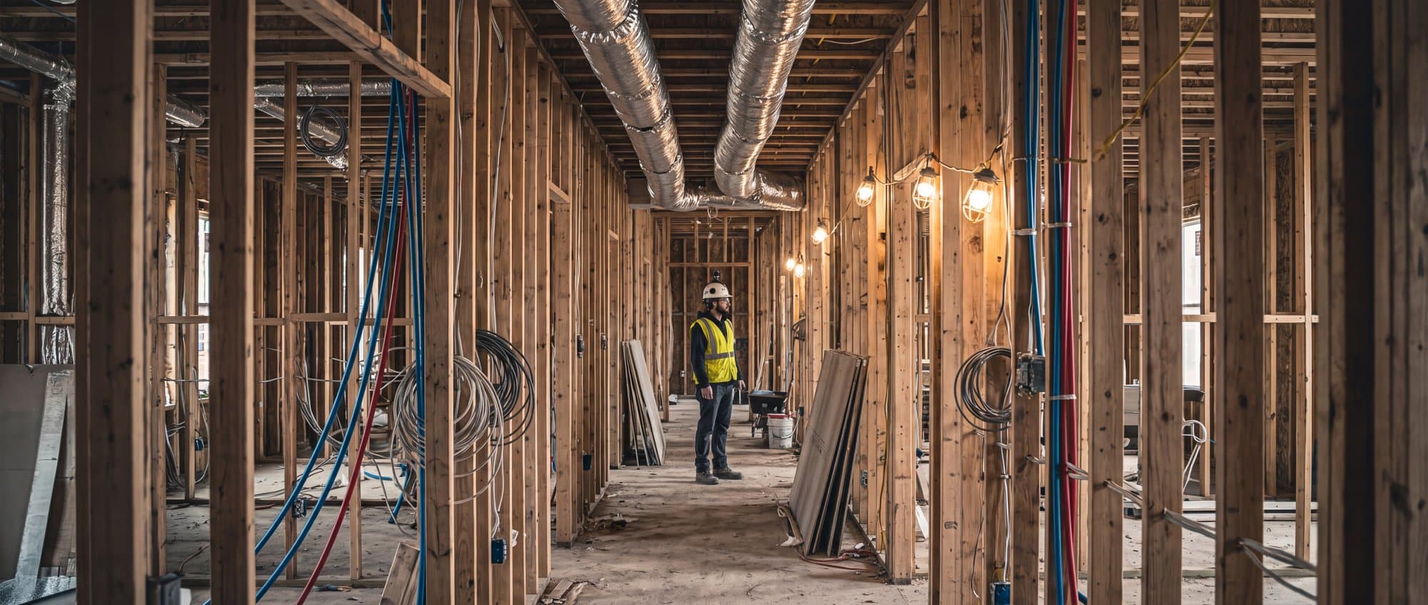 Apartment corridor before drywall showing electrical, PEX and duct rough-in