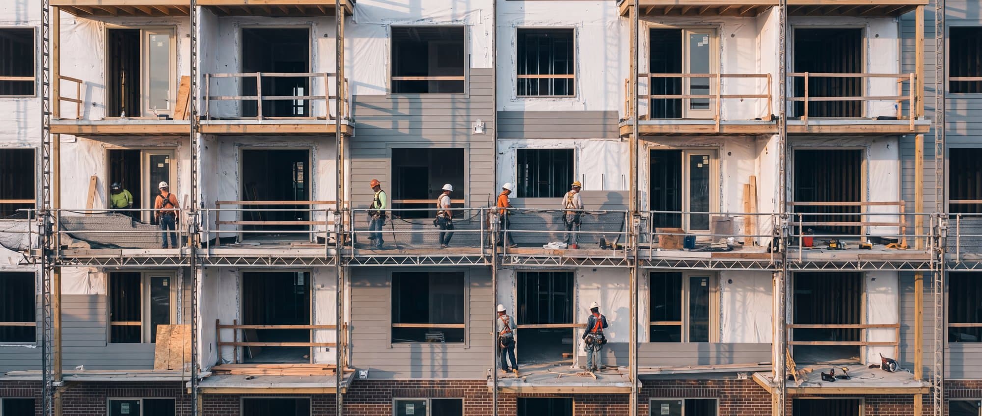 Drone view along a multifamily facade during weather barrier and siding installation