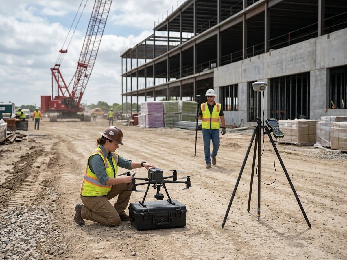Kinetic team setting up drone and GNSS equipment on an active jobsite