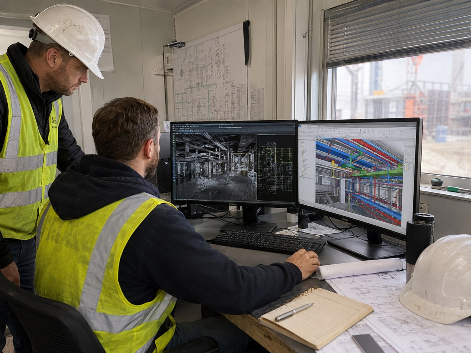 Two people at a site-office desk reviewing a greyscale point cloud of an existing building on one monitor and the coordinated services model built from it on the other, drawings on the wall and the live jobsite visible through the window