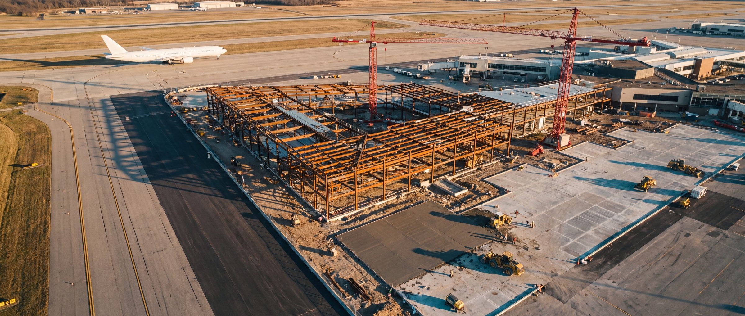 Aerial view of an airport concourse expansion in structural steel beside an active taxiway