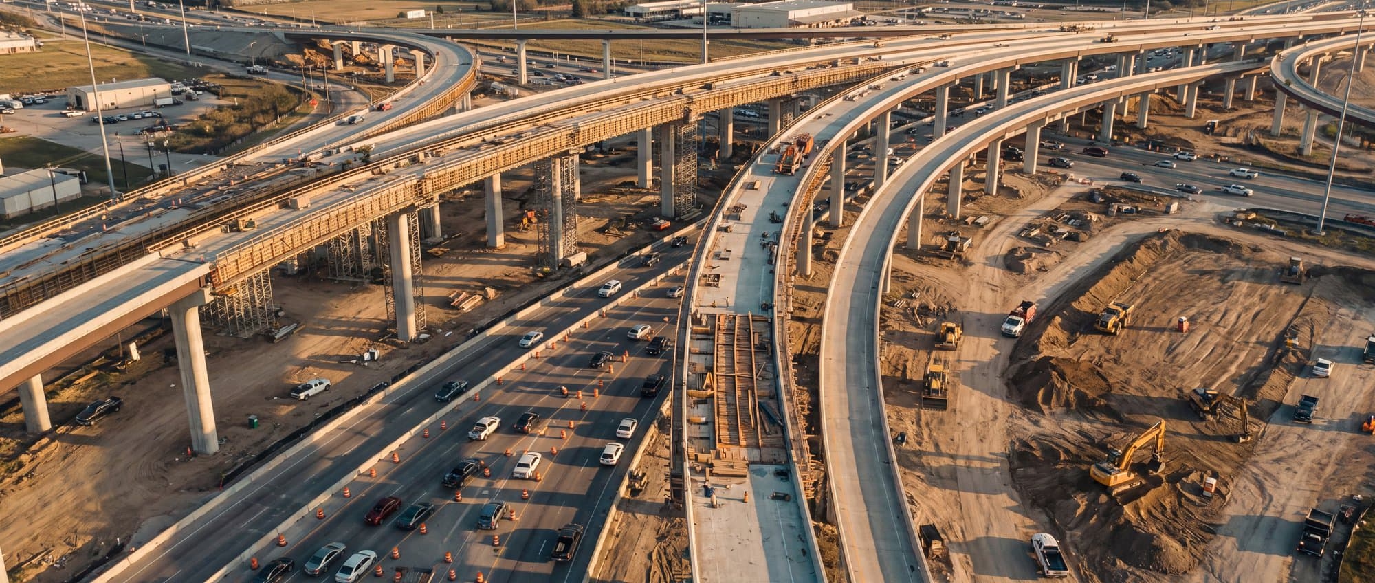 Aerial view of a highway interchange under construction with ramps on tall columns