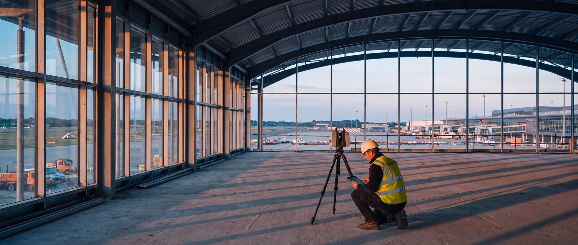Tripod laser scanner inside an unfinished airport concourse shell with curtain wall glazing
