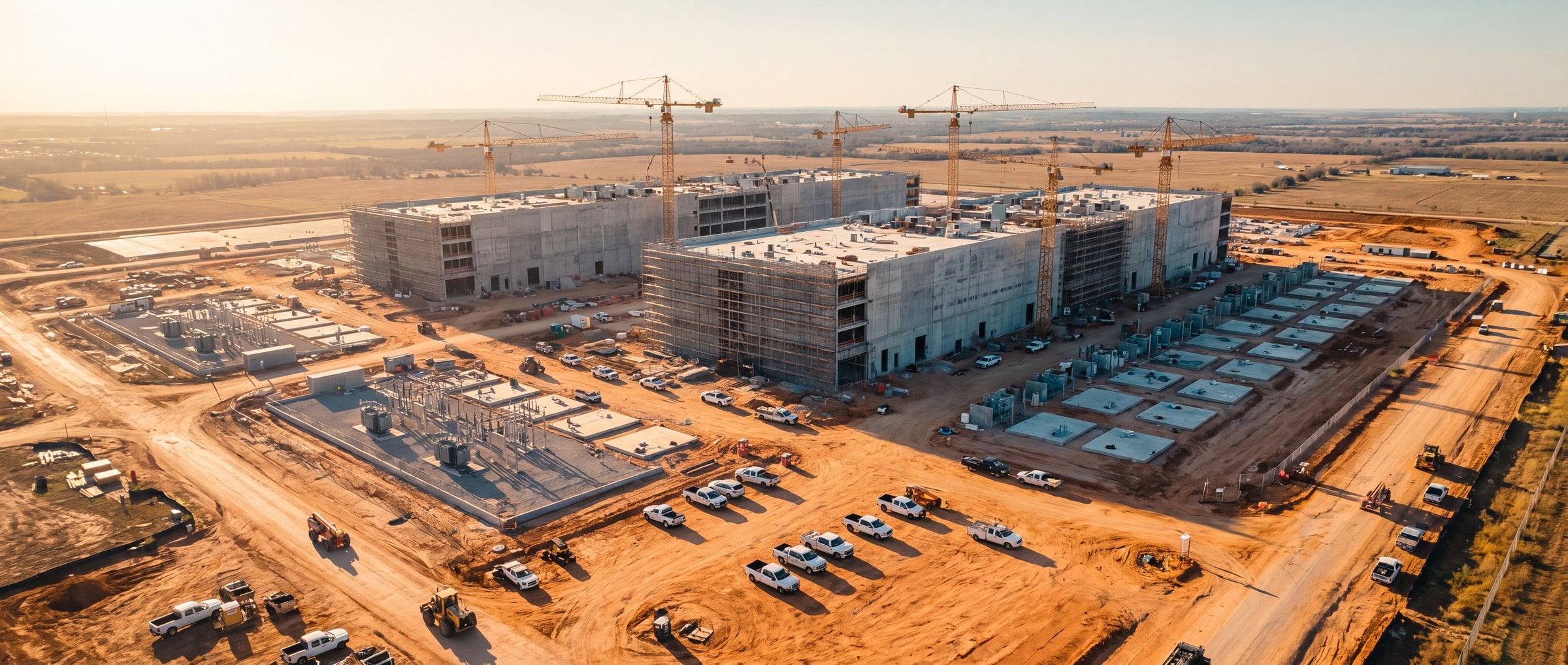 Aerial view of a hyperscale data center campus under construction with tower cranes and generator yards