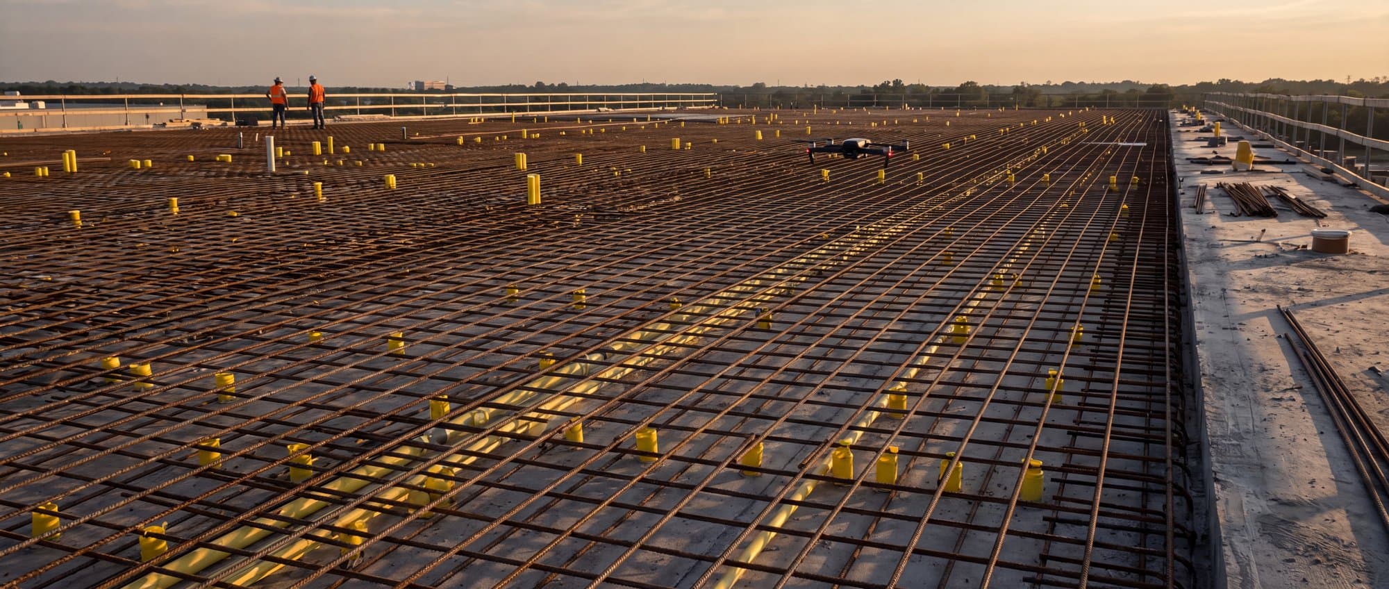Dense rebar deck with sleeves and embeds photographed by a hovering drone before the pour