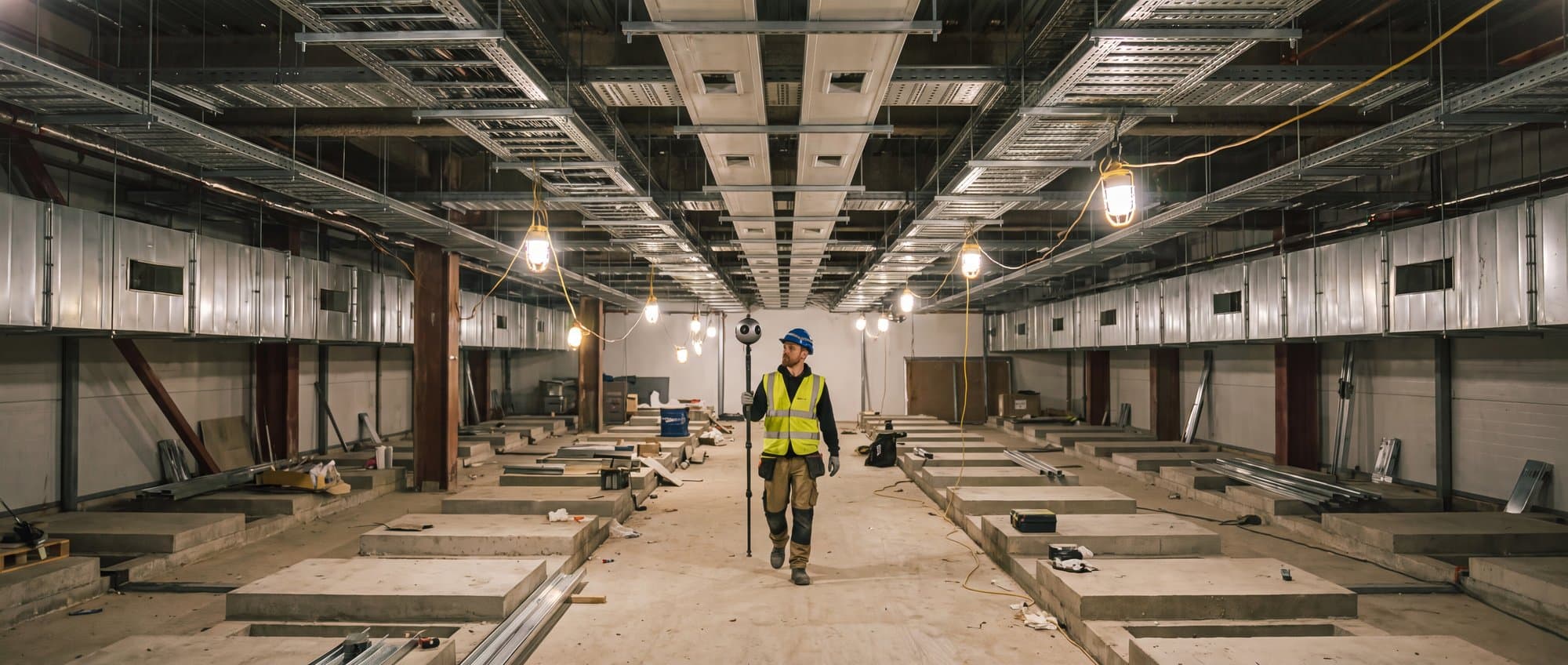 Technician walking a data hall in MEP fit-out with a 360 camera on a pole