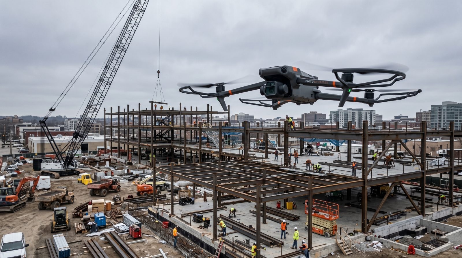A quadcopter flying a programmed pass over a steel frame under construction, tower crane and stacked steel below