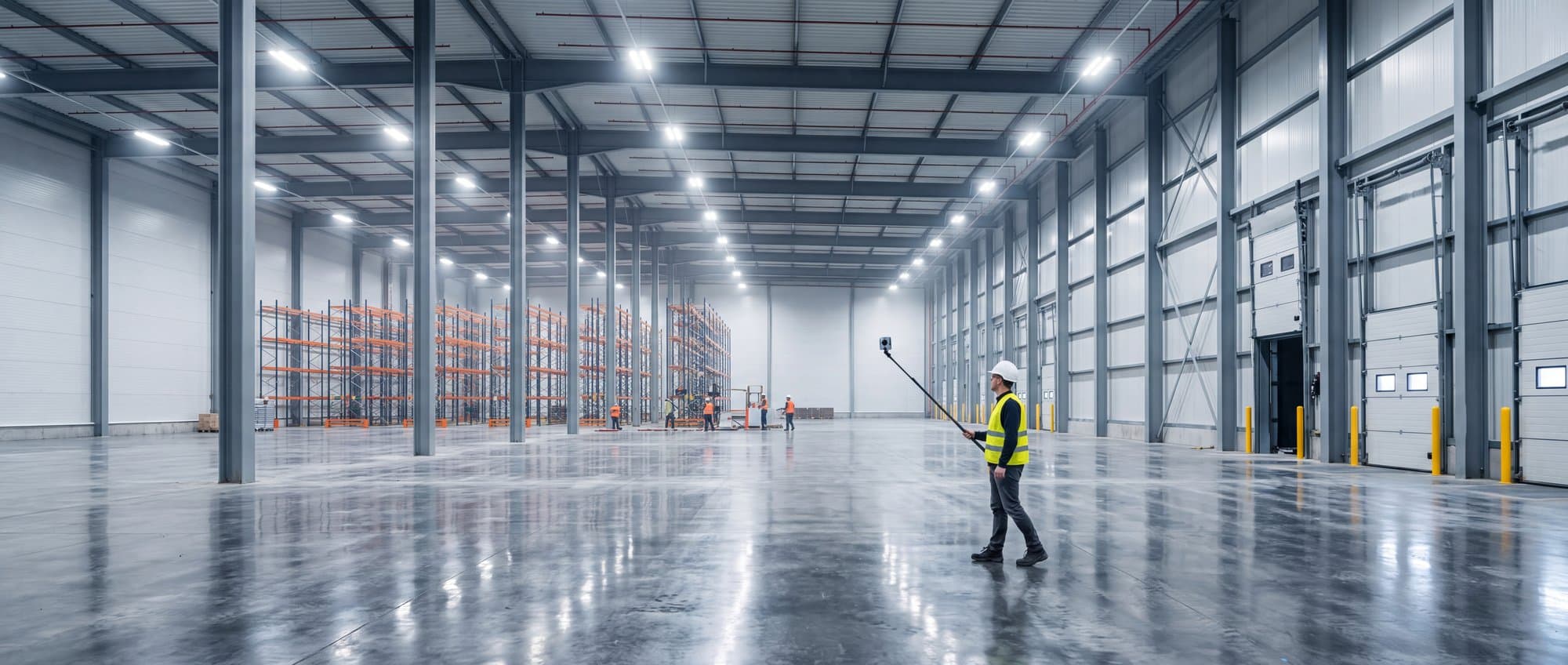 Vast warehouse interior with polished slab and racking installation, technician capturing 360