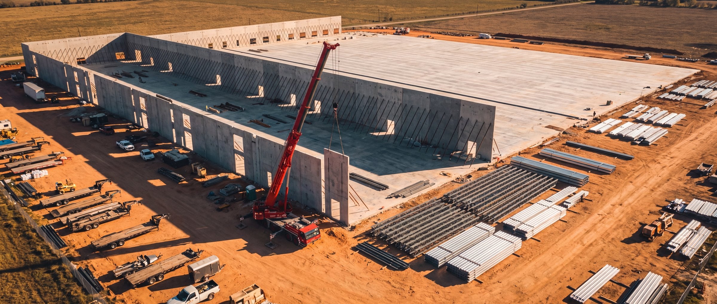 Aerial view of a tilt-wall distribution center under construction, crane lifting a panel