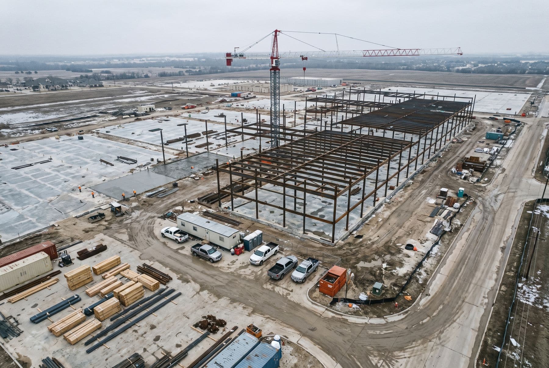 A commercial construction site photographed from the air — structural steel, a tower crane, laydown yards and haul roads