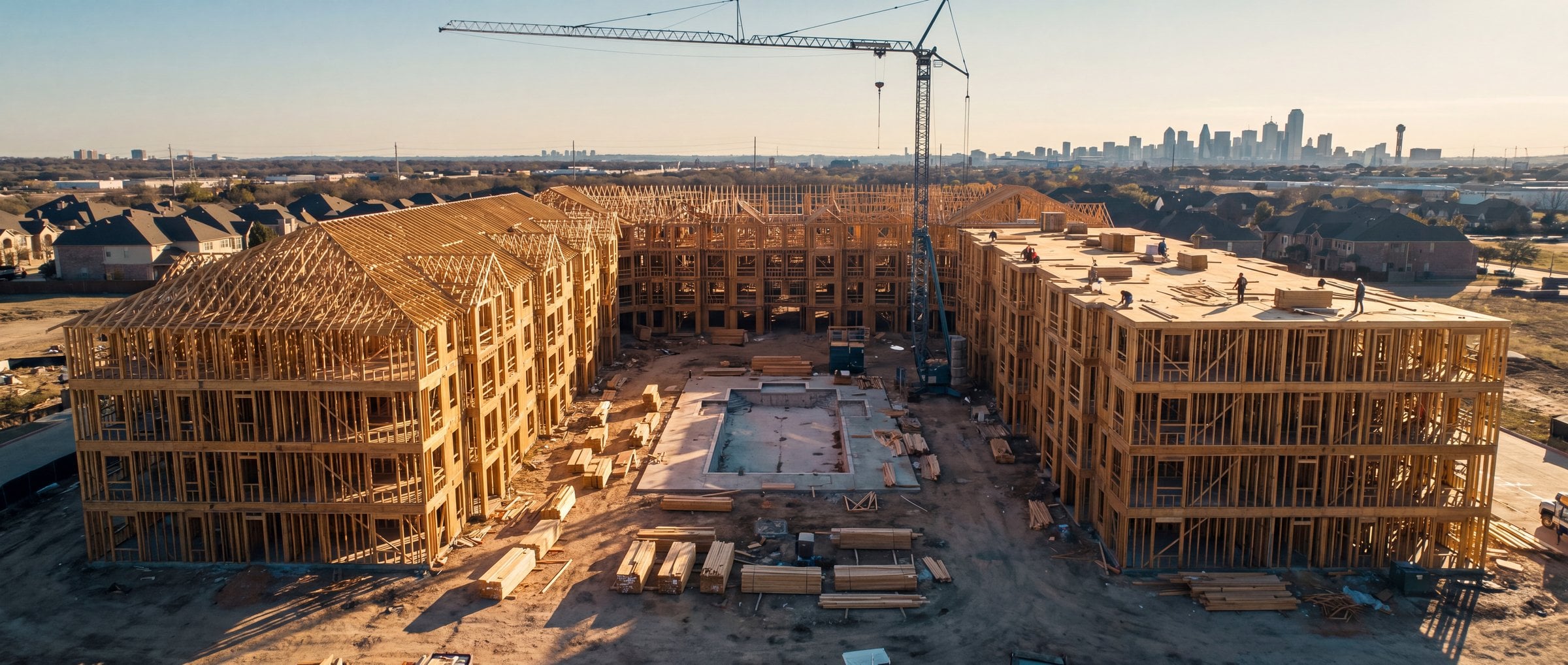 Aerial view of wood-framed multifamily buildings in different stages around a courtyard pool
