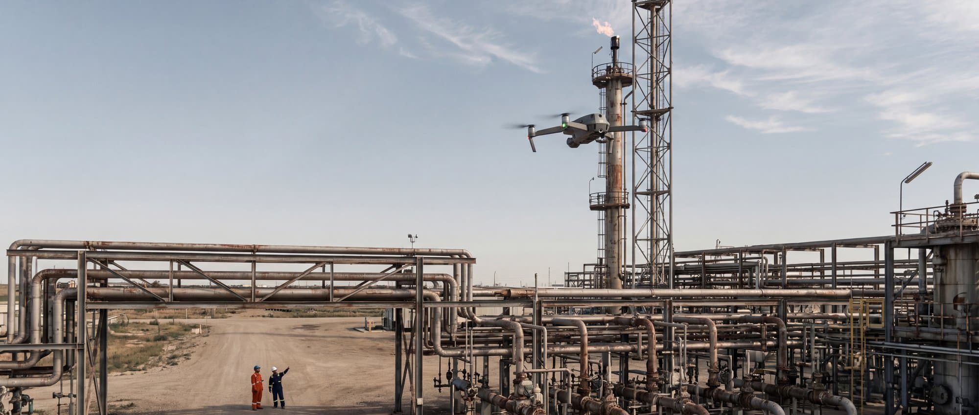 Industrial drone flying a close visual pass along a flare stack and pipe rack
