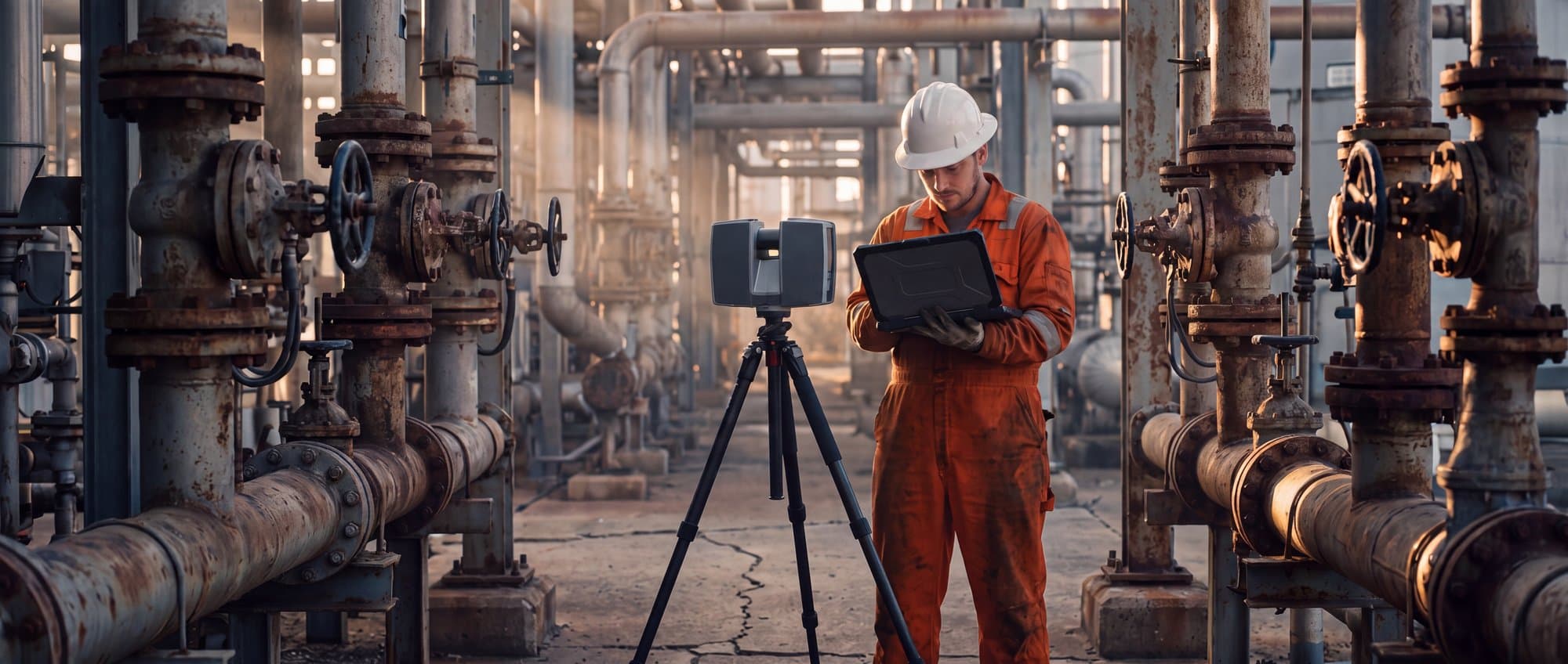 Tripod-mounted laser scanner in a refinery process unit with a technician checking a tablet
