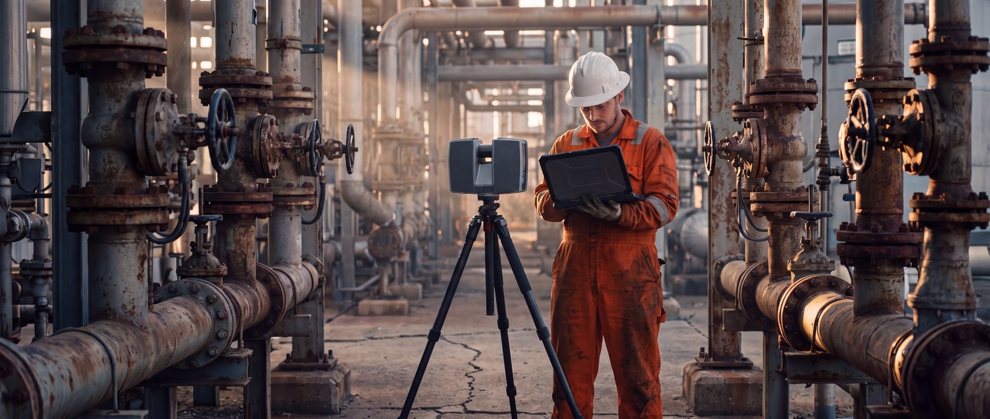 Tripod-mounted laser scanner in a refinery process unit with a technician checking a tablet