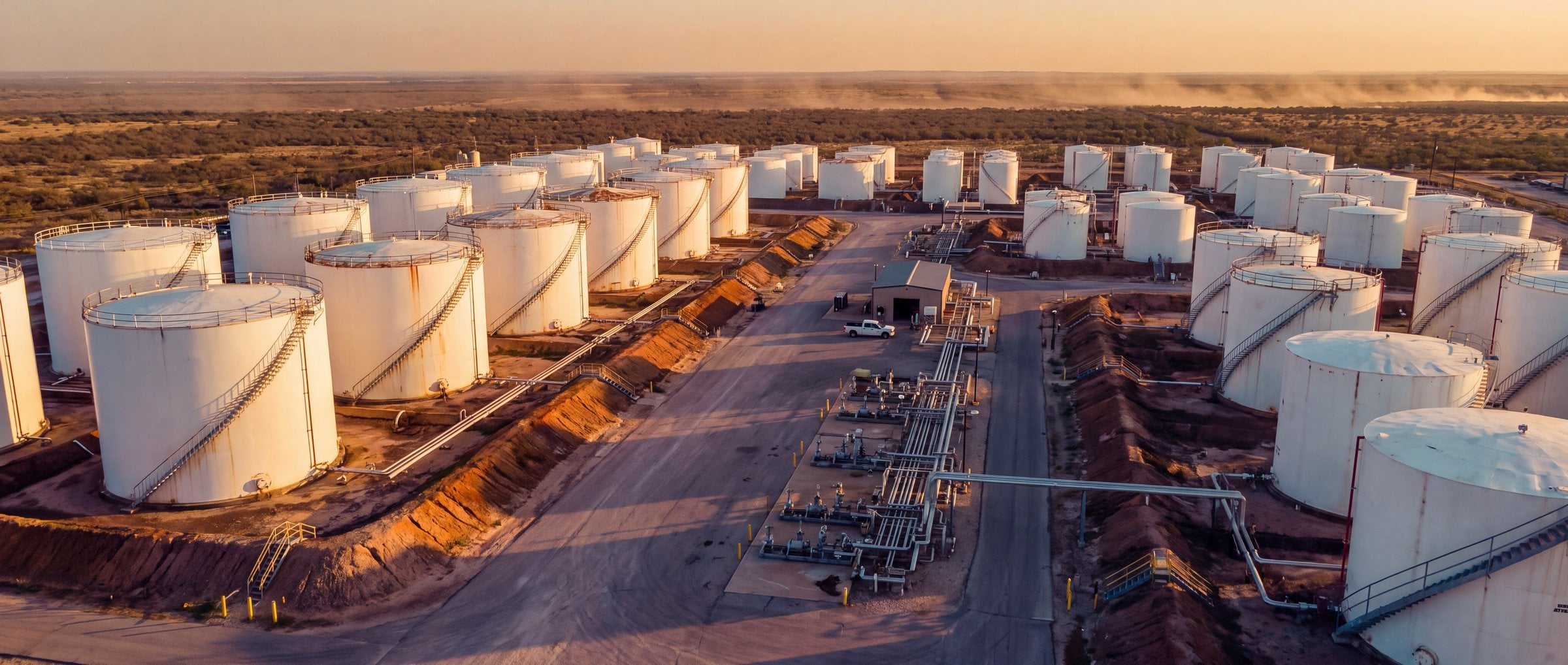 Aerial view of a petroleum tank farm at golden hour, storage tanks inside containment berms