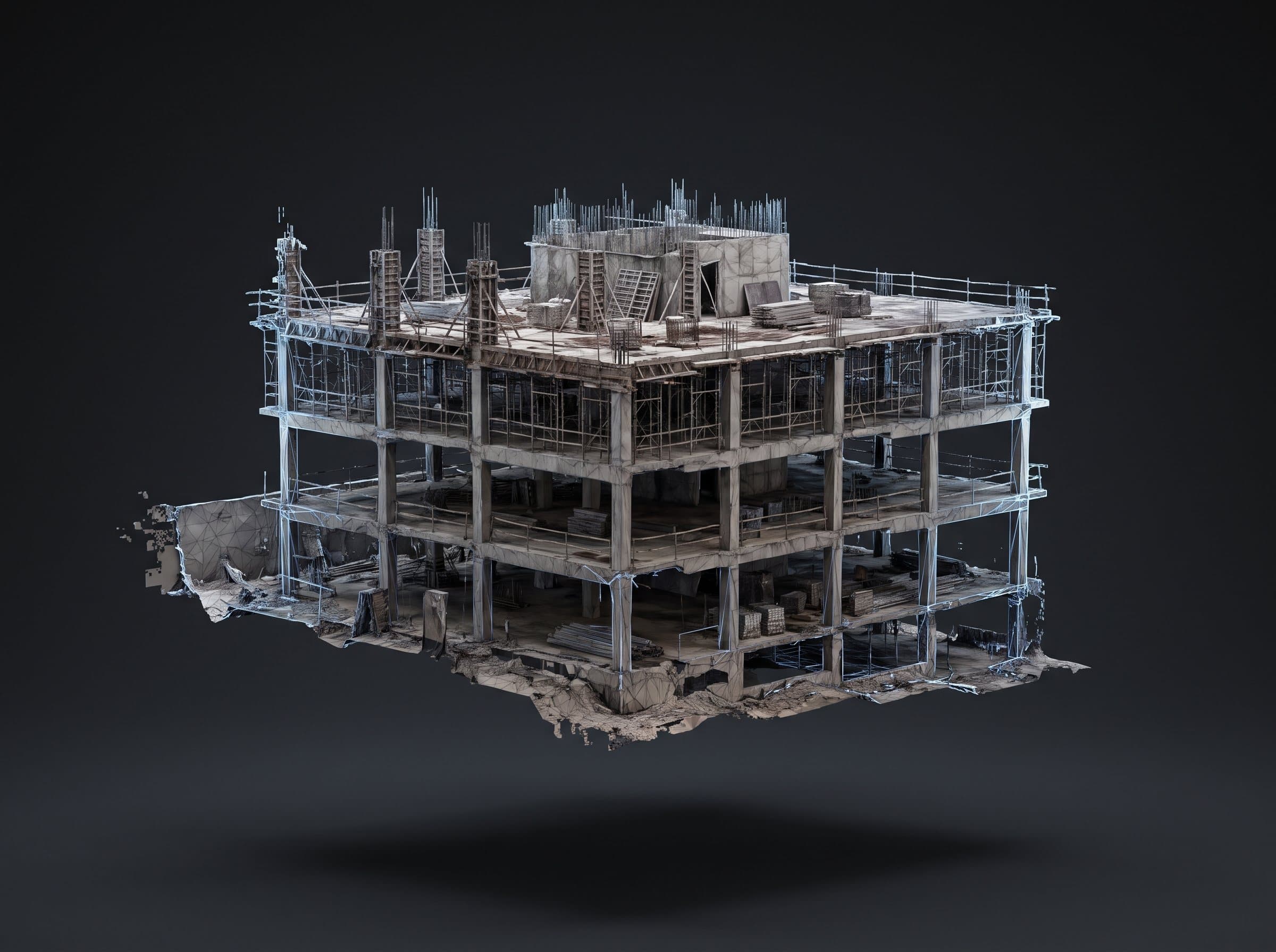A textured photogrammetric mesh of a concrete-framed building under construction, floating against a dark ground with reconstructed edges visibly ragged