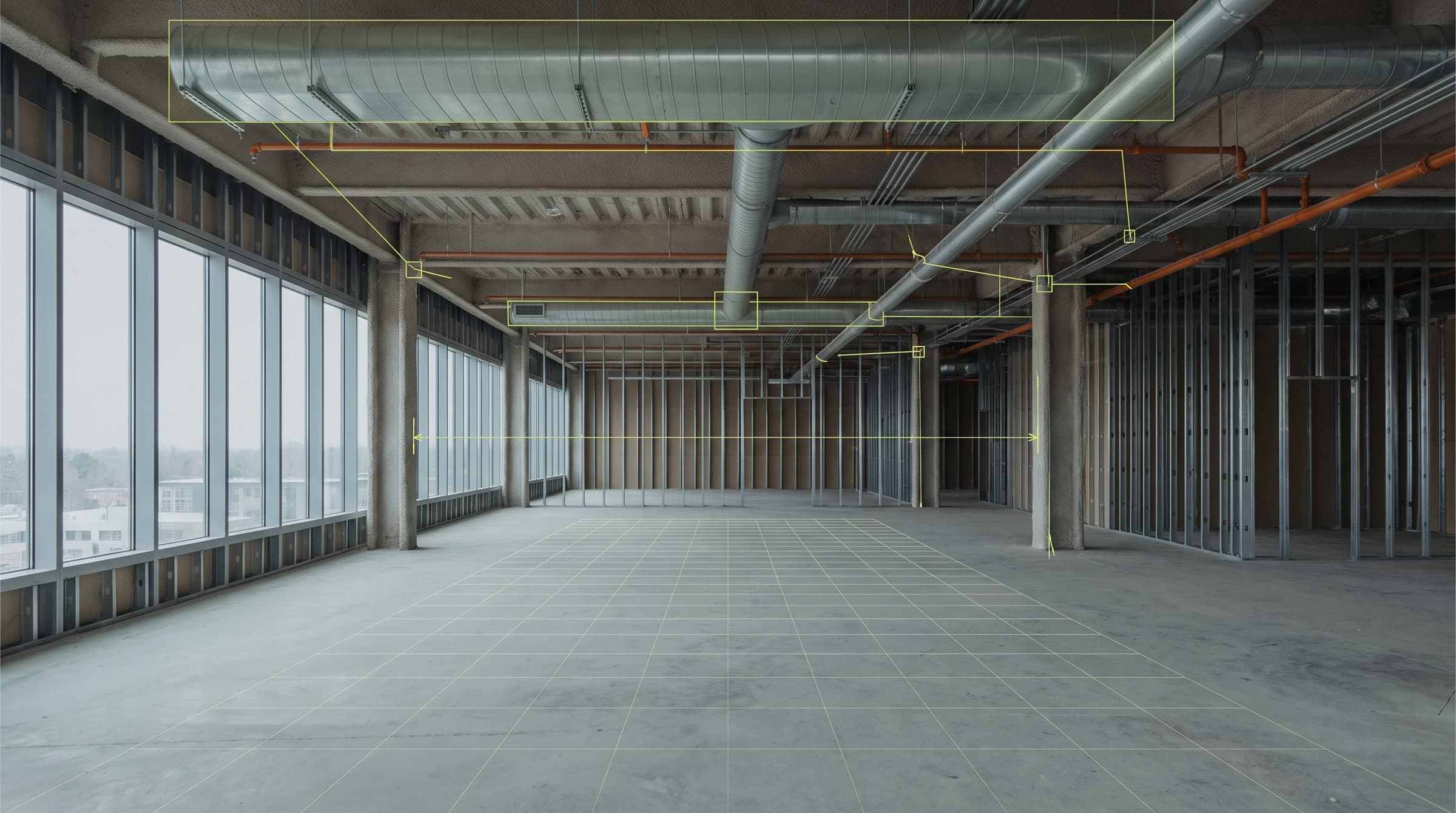 An unfinished floor plate with thin hi-vis vector graphics drawn over it — outlines tracking overhead ductwork, nodes at junctions, a dimension across a bay and a faint floor grid