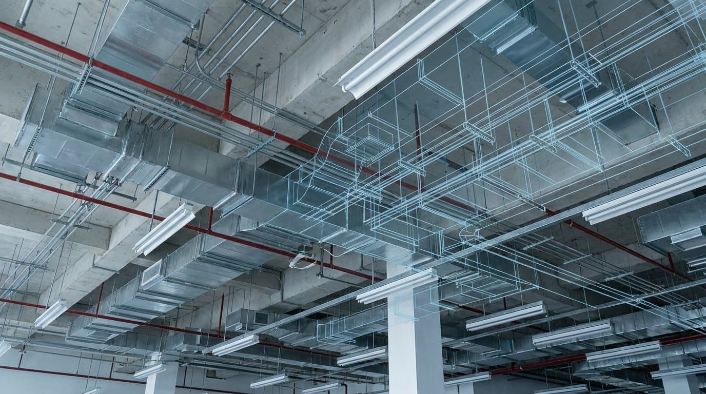 Installed overhead ductwork and services with a wireframe design model aligned over part of the same run