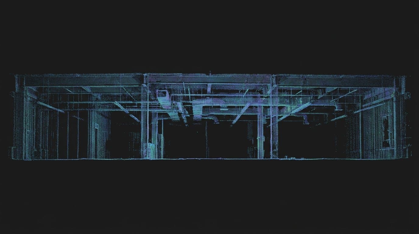 A point cloud of an interior — structure, ceiling services and floor described as millions of measured points