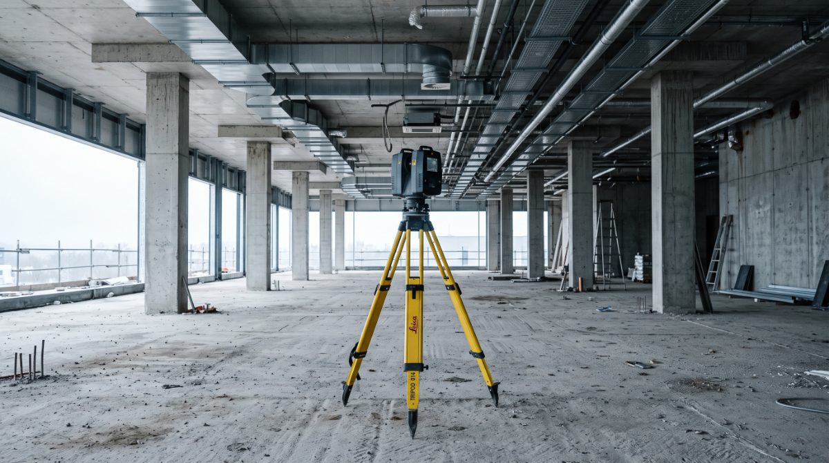 A tripod-mounted laser scanner set up on a bare concrete floor plate, columns and slab soffit running away behind it