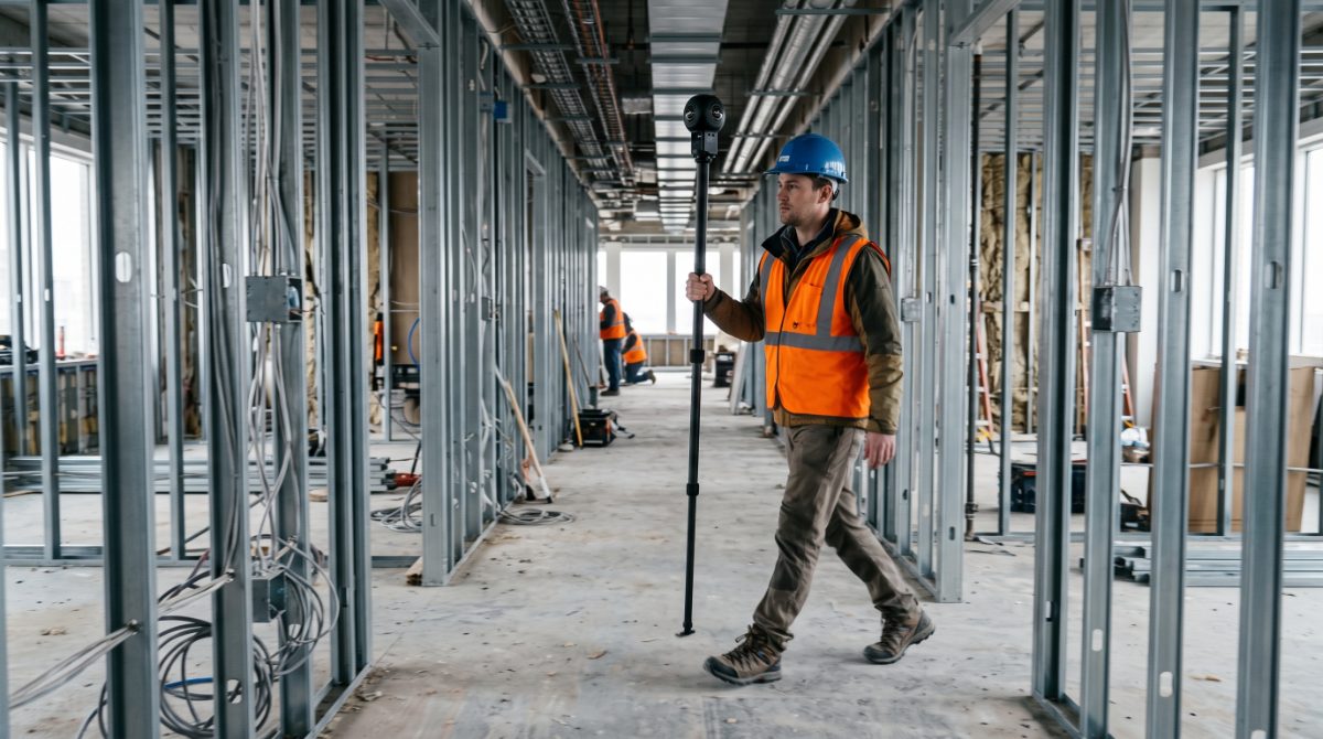 A technician walking a framed corridor with a 360 camera raised on a monopole, trades working further down the floor